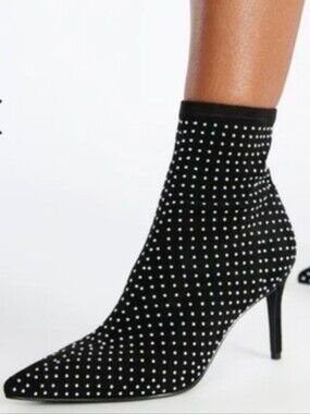 Jf Black Studded Pointed-Toe  Stretch Ankle Boots
